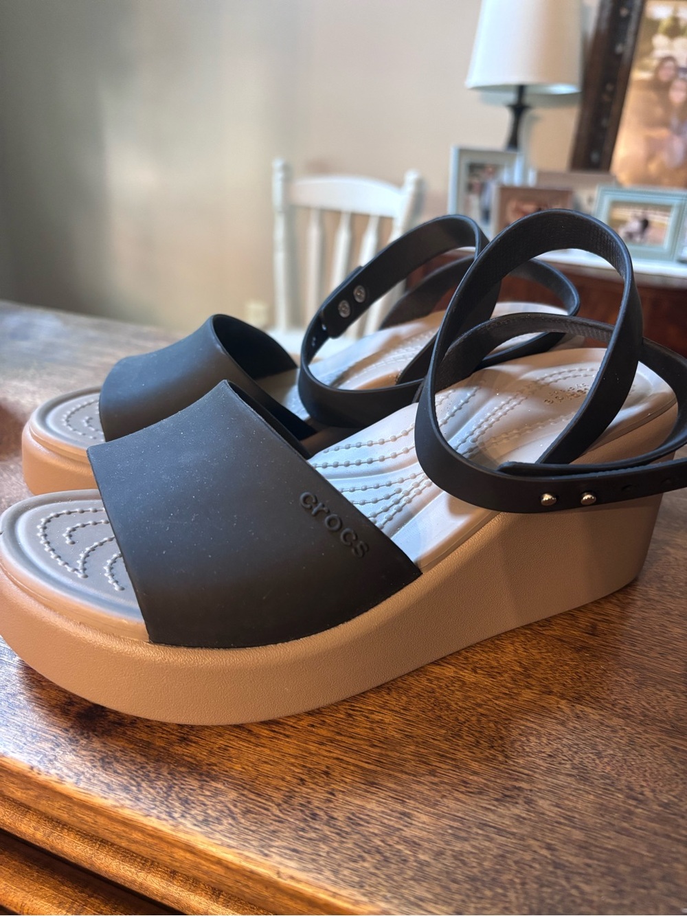 CROCS Black and Tan Brooklyn Ankle-Strap Wedge SandalCrocs Brooklyn wedge - Picture 2 of 3